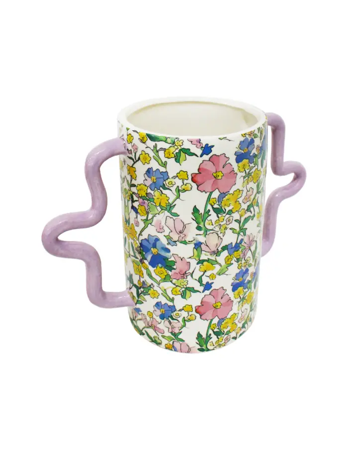 Florero de ceramica estampado flores con agarraderas lila de 29x12.9x20.9cm - Image 2