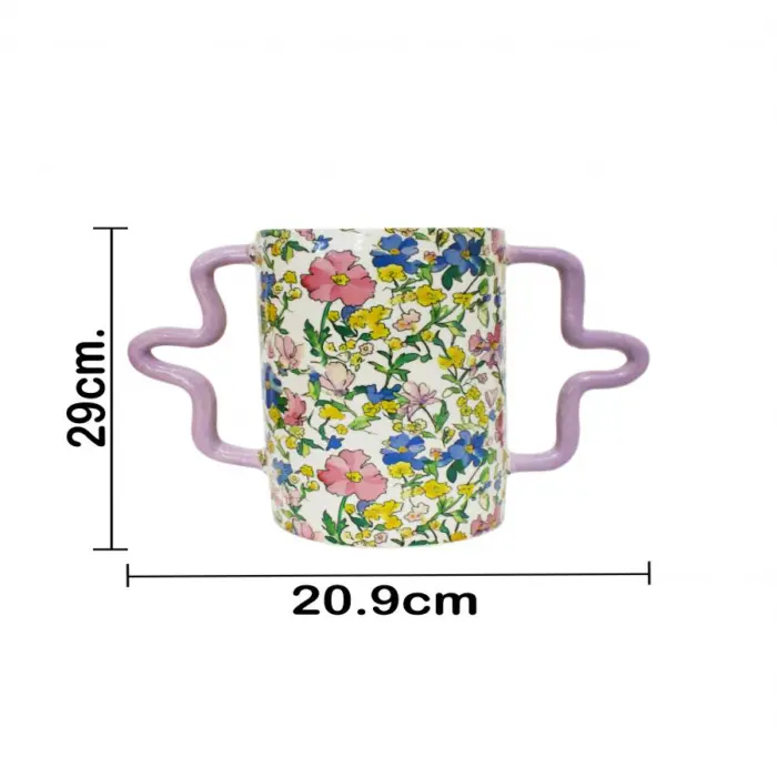 Florero de ceramica estampado flores con agarraderas lila de 29x12.9x20.9cm - Image 4