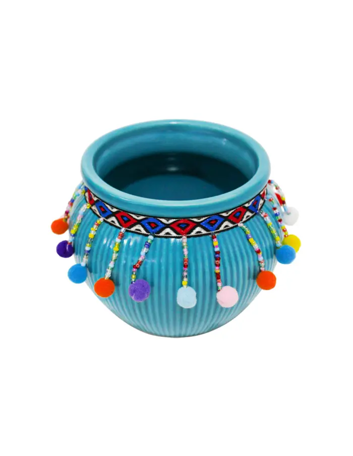 Maceta de ceramica lila con borlas de colores en la orilla de 12x9.5cm - Image 2