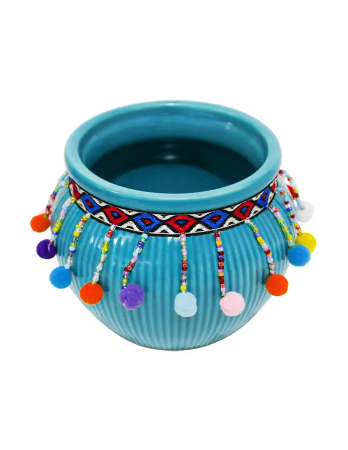Maceta de ceramica lila con borlas de colores en la orilla de 16.3x13.1cm - Image 2