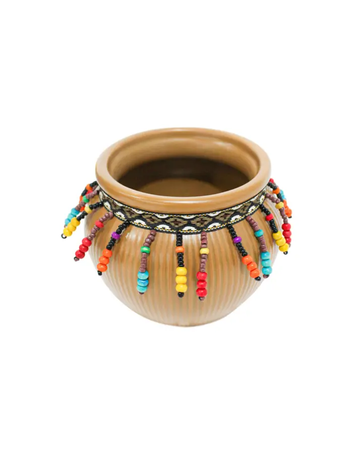 Maceta de ceramica café con chaquiras de colores en la orilla de 12x9.5cm - Image 2
