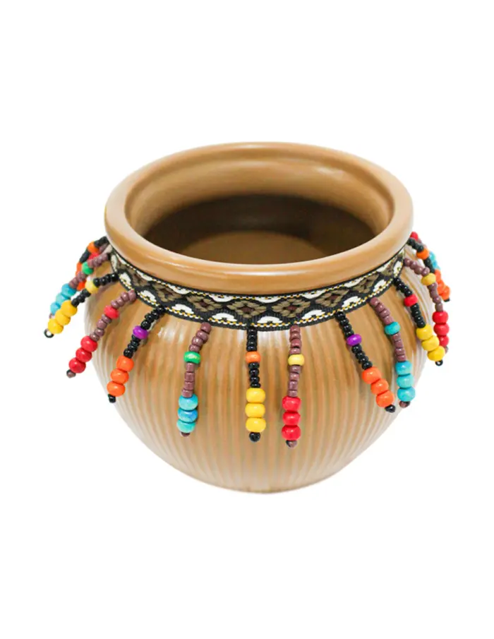 Maceta de ceramica café con chaquiras de colores en la orilla de 16.3x13.1cm - Image 2