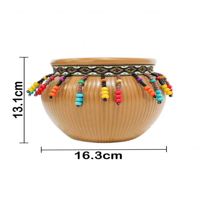Maceta de ceramica café con chaquiras de colores en la orilla de 16.3x13.1cm - Image 4