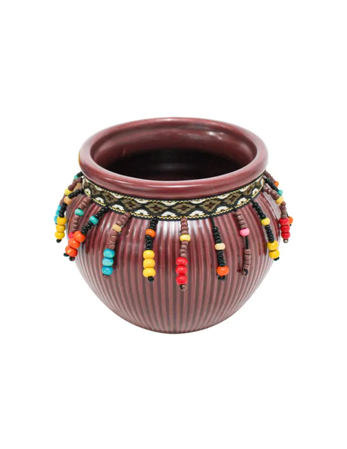 Maceta de ceramica vino con chaquiras de colores en la orilla de 12x9.5cm - Image 2