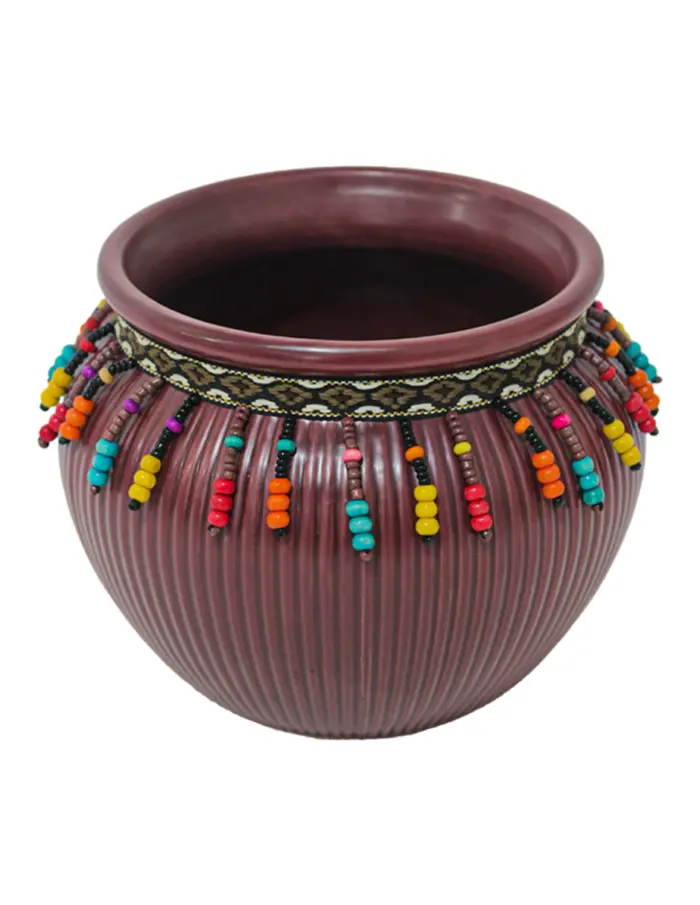 Maceta de ceramica vino con chaquiras de colores en la orilla de 16.3x13.1cm - Image 3