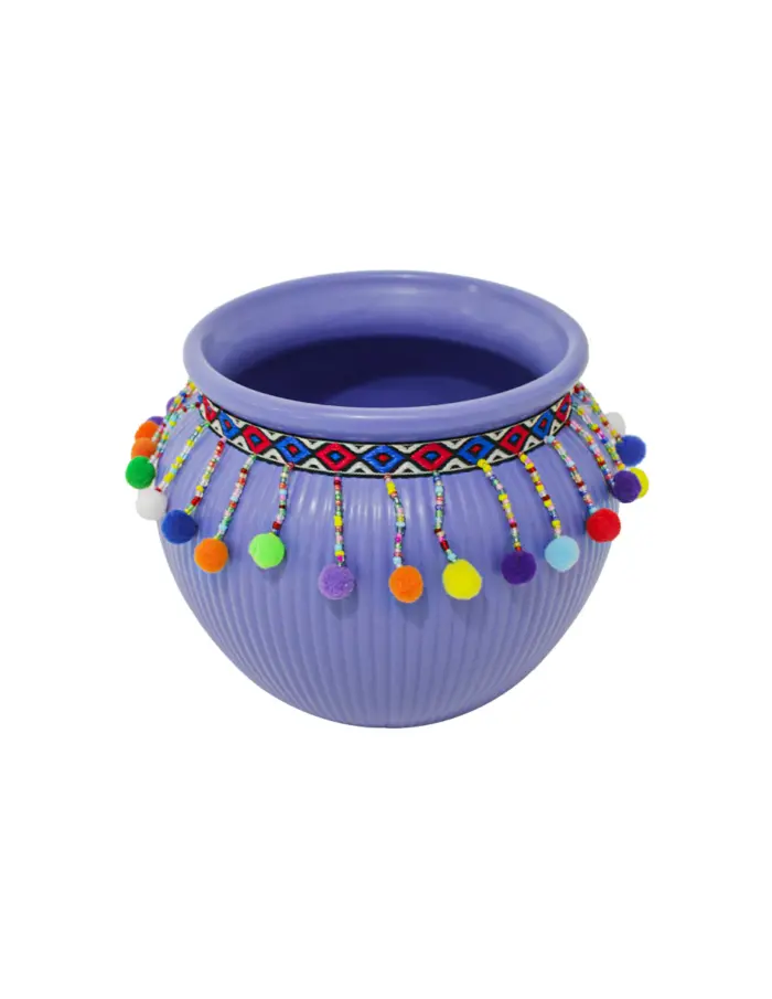 Maceta de ceramica azul con borlas de colores en la orilla de 12x9.5cm - Image 3