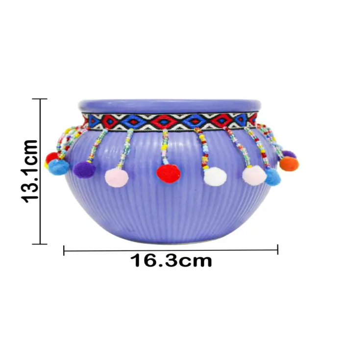 Maceta de ceramica azul con borlas de colores en la orilla de 16.3x13.1cm - Image 4