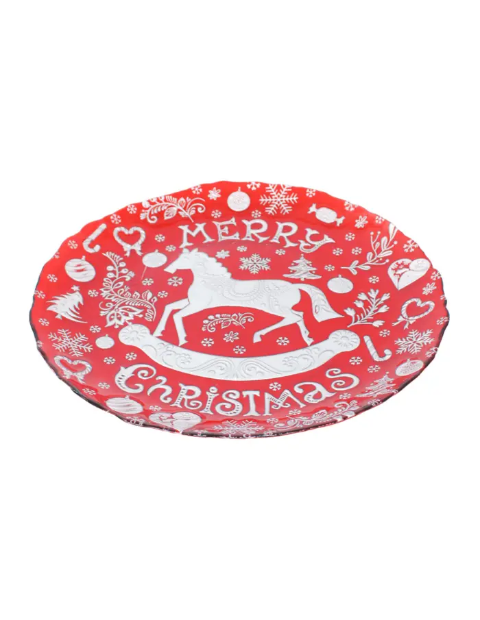 Plato de vidrio navideño rojo con detalles plateados de 32cm - Image 2