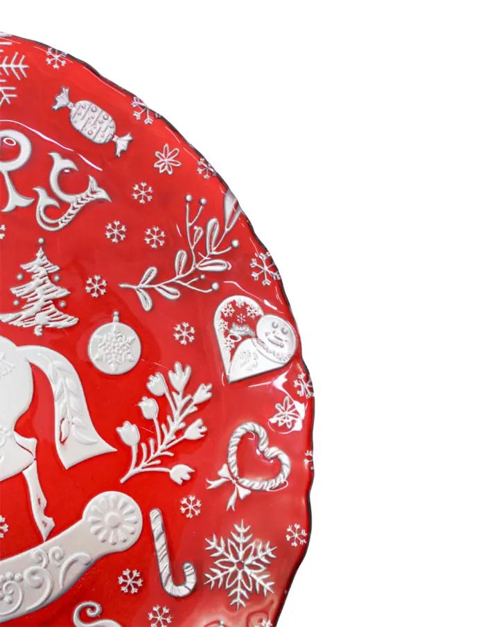 Plato de vidrio navideño rojo con detalles plateados de 32cm - Image 3