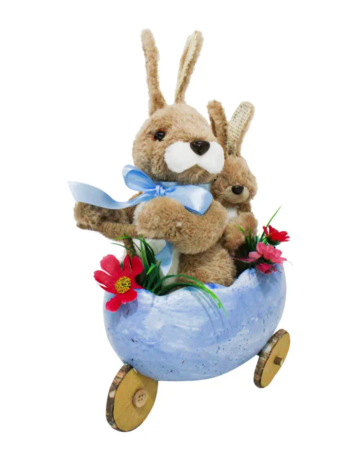 Conejo de pascua en carrito diseño cascaron azul de 20x14x28cm - Image 2
