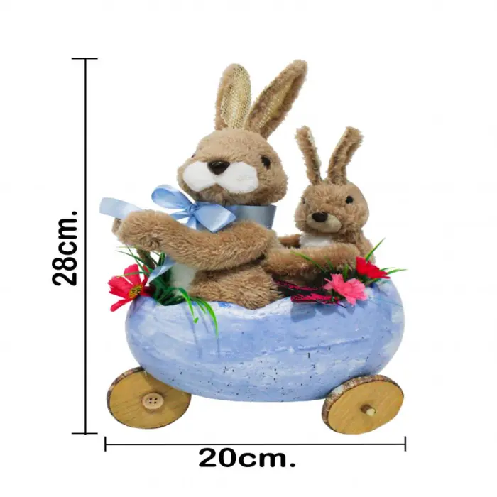 Conejo de pascua en carrito diseño cascaron azul de 20x14x28cm - Image 4