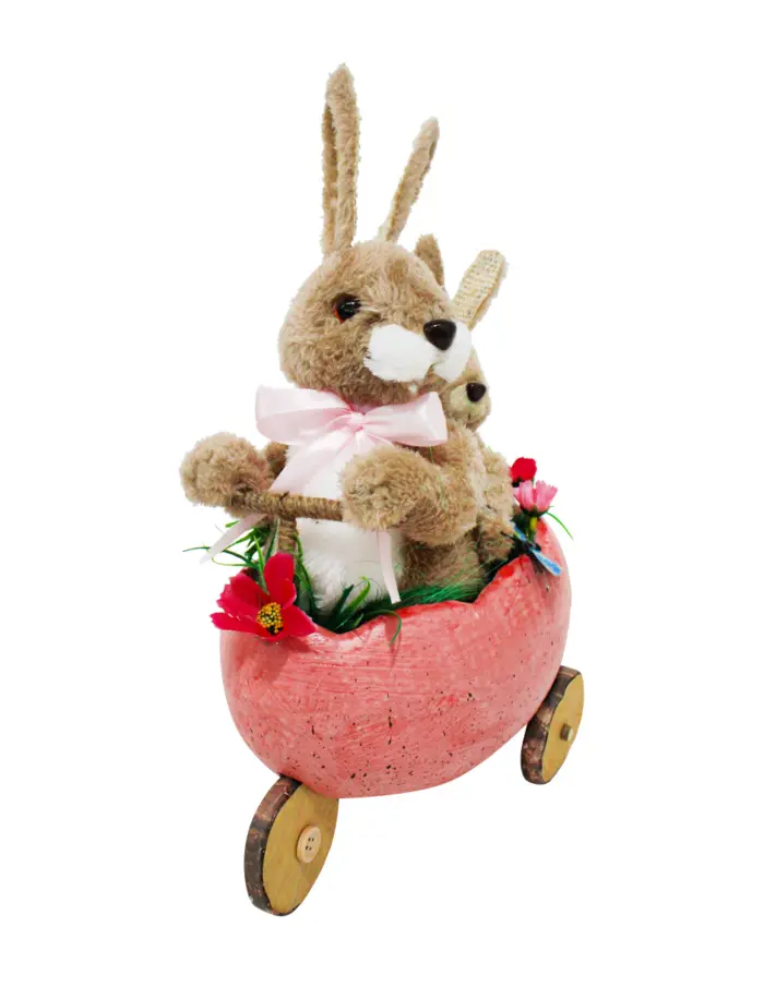 Conejo de pascua en carrito diseño cascaron rosa de 20x14x28cm - Image 2