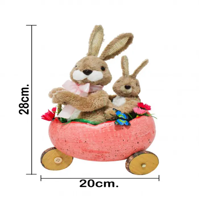 Conejo de pascua en carrito diseño cascaron rosa de 20x14x28cm - Image 4