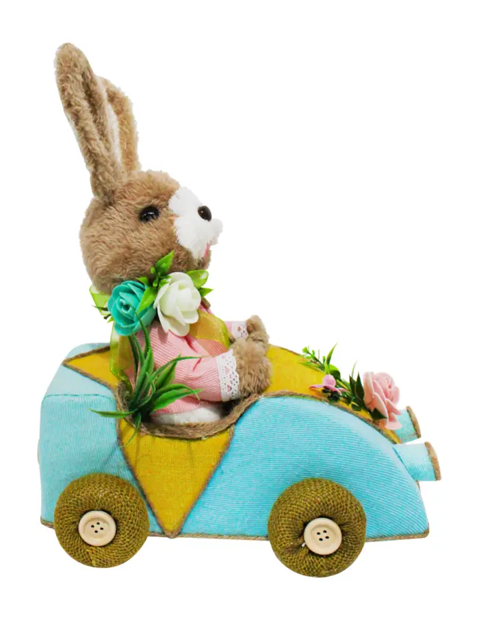 Coneja en coche azul claro con amarillo de 23x15x29cm - Image 2
