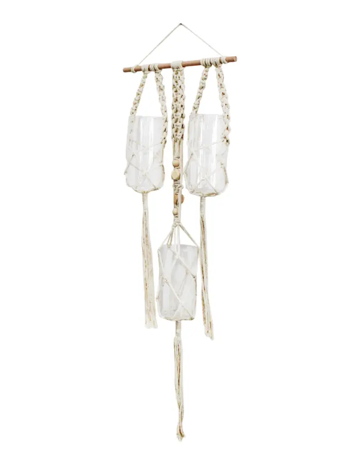 Colgante de macrame de tiras con 3 floreros de vidrio de 8x30x90cm - Image 2