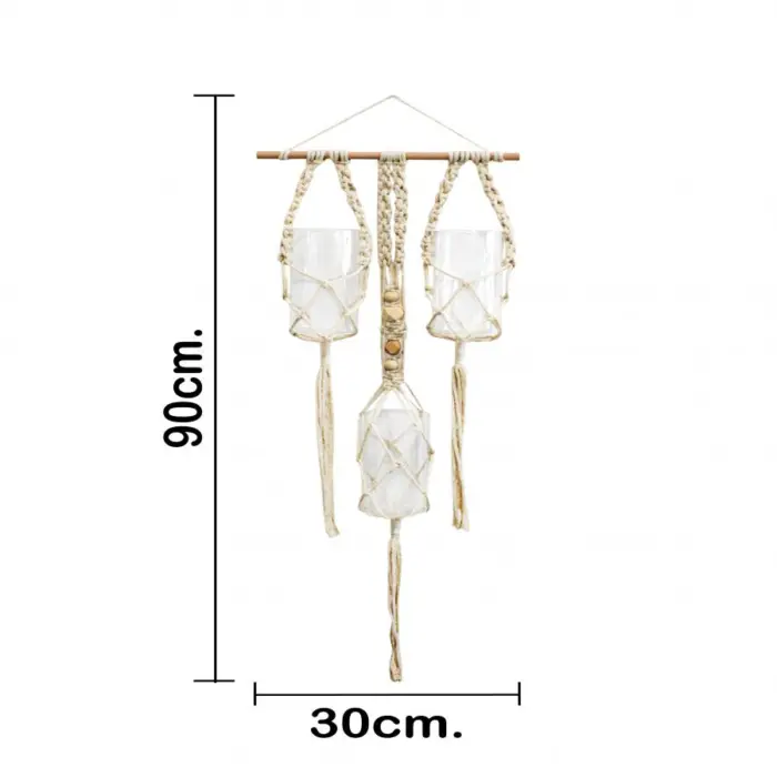 Colgante de macrame de tiras con 3 floreros de vidrio de 8x30x90cm - Image 4