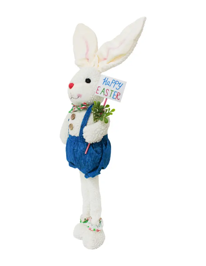 Conejo de tela con pantalon de tirantes azul de 14x26x71-94cm - Image 2