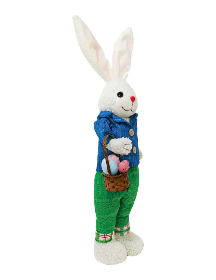 Conejo de tela con pantalón verde saco azul y canasta con huevos de 10x24x66cm - Image 2