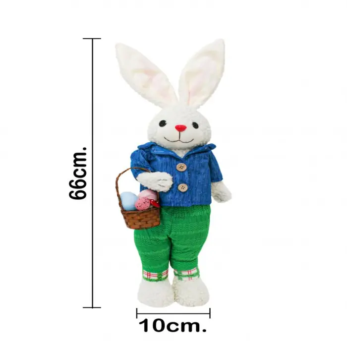 Conejo de tela con pantalón verde saco azul y canasta con huevos de 10x24x66cm - Image 4