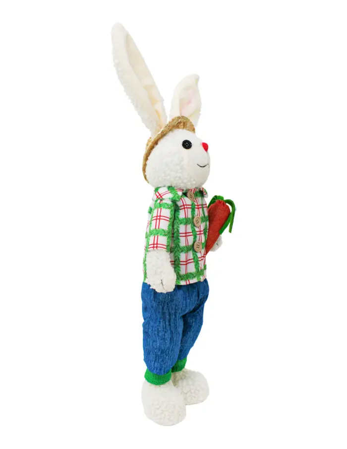 Conejo de tela con pantalón azul y camisa verde a cuadros con zanahoria de 10x24x66cm - Image 2