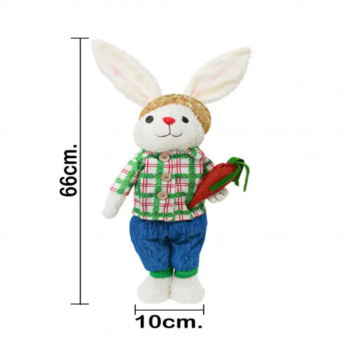 Conejo de tela con pantalón azul y camisa verde a cuadros con zanahoria de 10x24x66cm - Image 4