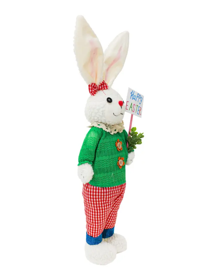 Conejo de tela con pantalón rosa y camisa verde con letrero de 10x24x66cm - Image 2