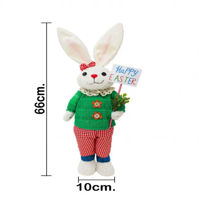 Conejo de tela con pantalón rosa y camisa verde con letrero de 10x24x66cm - Image 4