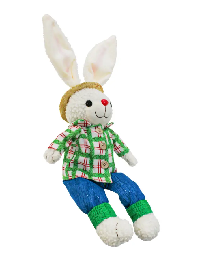Conejo de tela con pantalón azul camisa verde a cuadros y pies colgantes de 10x20x63cm - Image 2