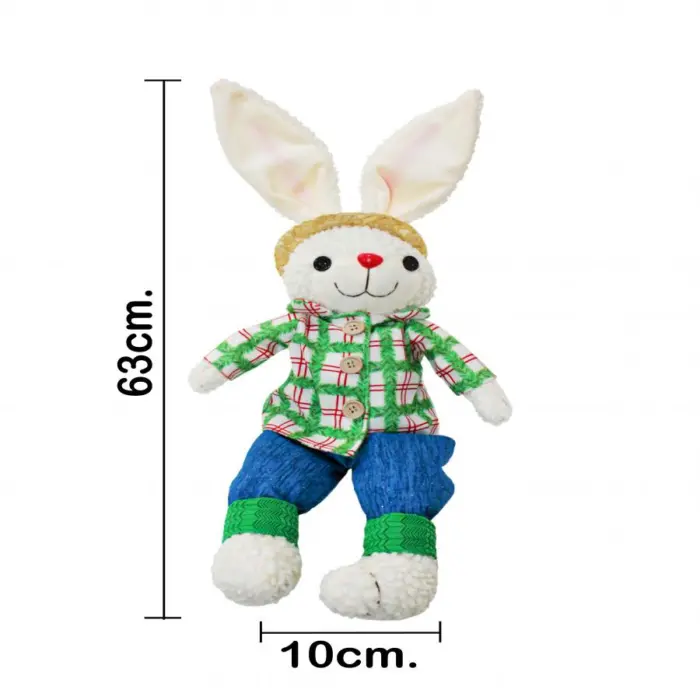 Conejo de tela con pantalón azul camisa verde a cuadros y pies colgantes de 10x20x63cm - Image 4
