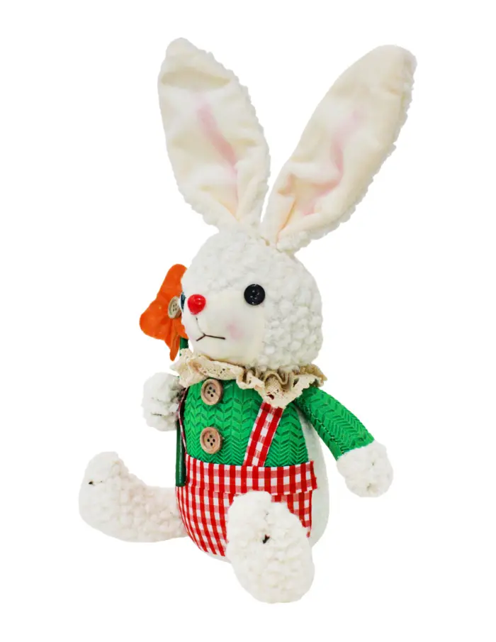 Conejo de tela sentado con short naranja y camisa verde de 9x19x32cm - Image 2