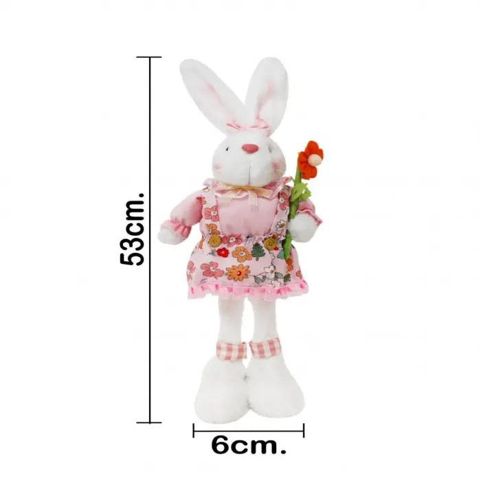 Coneja de tela con vestido rosa y flor en mano de 6x17x53cm - Image 4