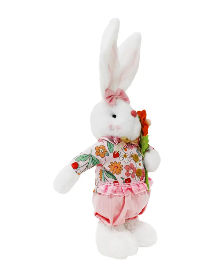 Conejo de tela con traje rosa con flor naranja de 7x18x46cm - Image 2