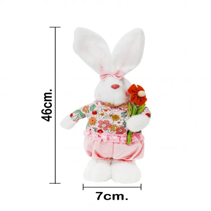 Conejo de tela con traje rosa con flor naranja de 7x18x46cm - Image 4