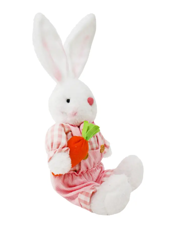 Conejo de tela sentado con traje rosa zanahoria y patas colgantes de 6x17x41cm - Image 2