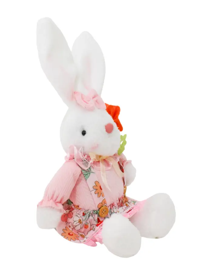 Coneja de tela sentada con vestido rosa flor en mano y patas colgantes de 6x17x41cm - Image 2