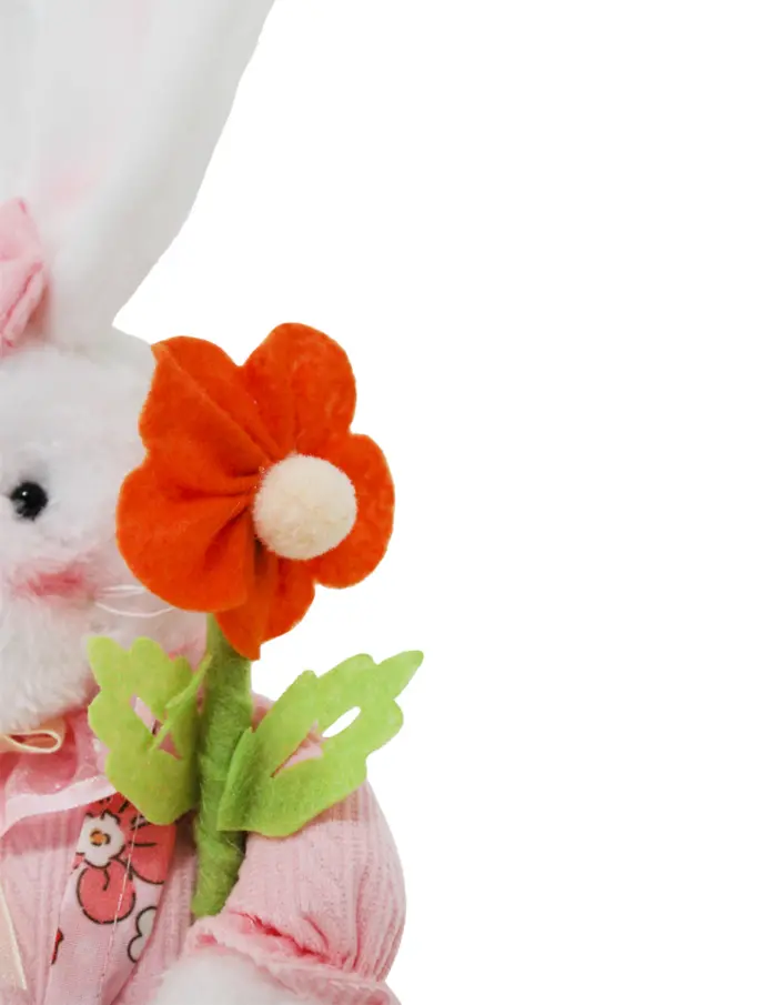 Coneja de tela sentada con vestido rosa flor en mano y patas colgantes de 6x17x41cm - Image 3