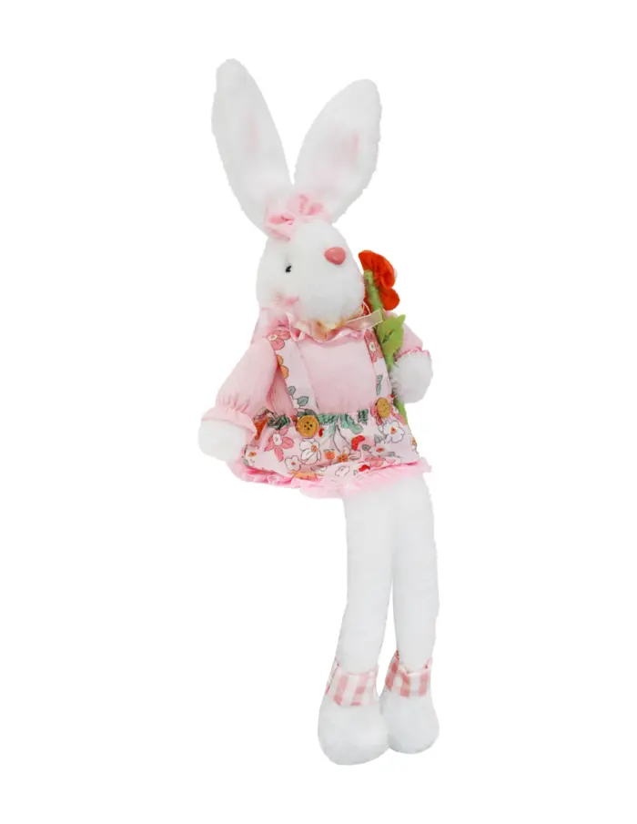Coneja de tela sentada con vestido flor naranja en mano y patas colgantes de 6x17x56cm - Image 2