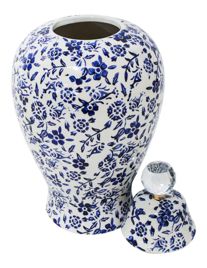 Tibor de cerámica estampado flores blanco con azul de 18x18x34cm - Image 4