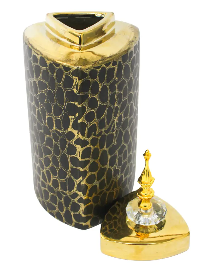 Tibor de cerámica dorado diseño panal con tapa dorada de 14.5x14.5x32cm - Image 4
