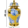 Tibor de cerámica dorado con flores azules y tapa dorada de 25.5x25.5x46cm - Image 2