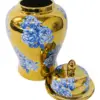 Tibor de cerámica dorado con flores azules y tapa dorada de 25.5x25.5x46cm - Image 4
