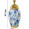 Tibor de cerámica blanco con flores azules y tapa dorada de 22x22x47cm - Image 2