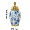 Tibor de cerámica blanco con flores azules y tapa dorada de 20x20x40.5cm - Image 2