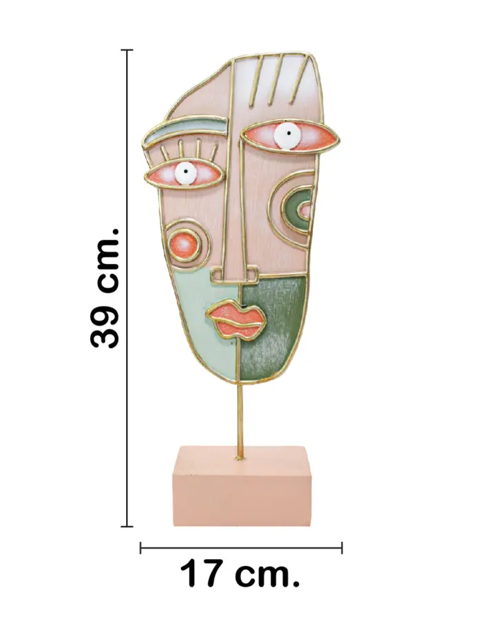 Escultura de poliresina diseñó máscara tonos verdes con rosa con base de 16.5x7x39cm - Image 2