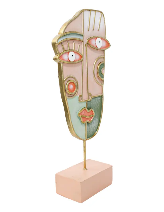 Escultura de poliresina diseñó máscara tonos verdes con rosa con base de 16.5x7x39cm - Image 3