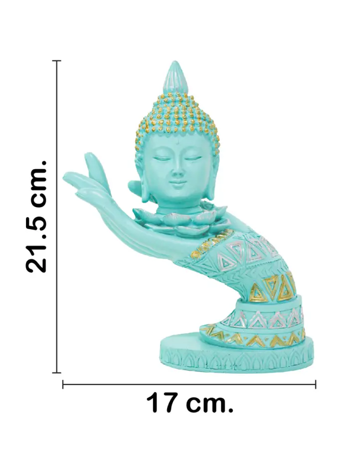 Mano izquierda con cabeza de buda de poliresina azul turquesa de 21.5cm. - Image 2