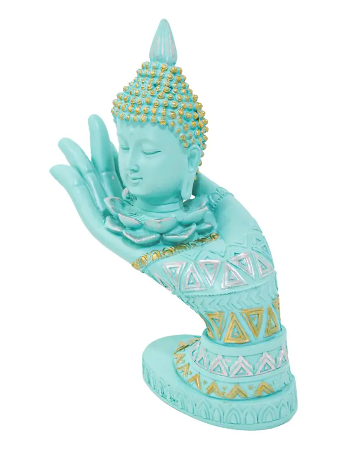 Mano izquierda con cabeza de buda de poliresina azul turquesa de 21.5cm. - Image 3
