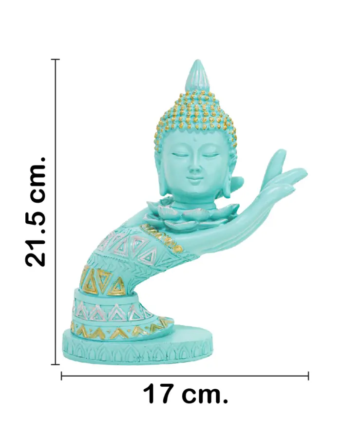 Mano derecha con cabeza de buda de poliresina azul turquesa de 21.5cm. - Image 2