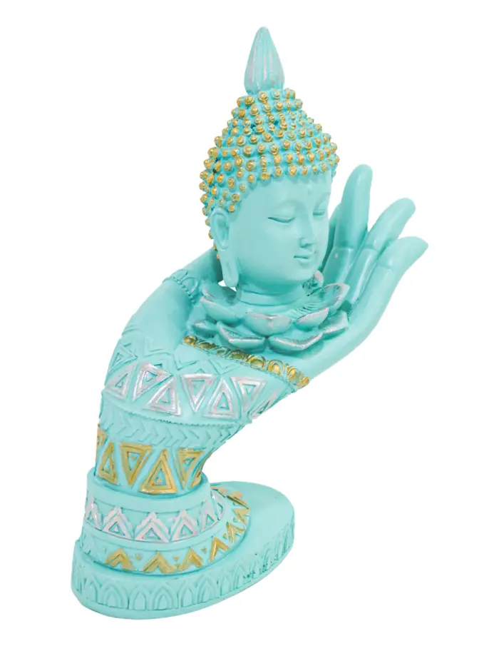 Mano derecha con cabeza de buda de poliresina azul turquesa de 21.5cm. - Image 3