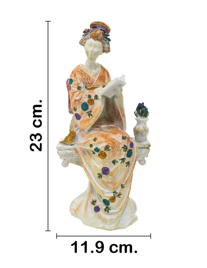 Dama japonesa sentada con vestido naranja de poliresina de 11x9.5x23cm - Image 2